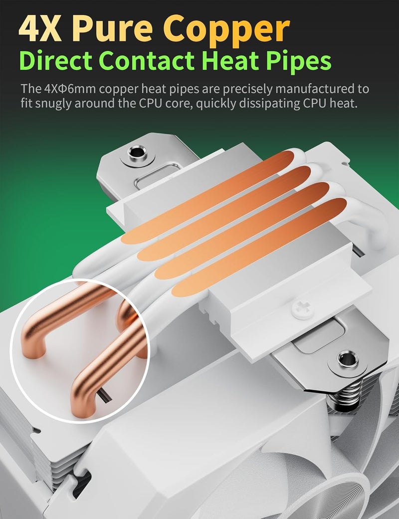 upHere CPU Air Cooler with 4X6mm Heat Pipes,120mm Fan ARGB CPU Cooler 1650rmp,CPU Cooler AMD AM5/AM4/AM3 Series,CPU Air Cooler 6.1’’ Height Compatible with Intel LGA 1851/1700/1851/1155/1156/2011(White) - Image 2